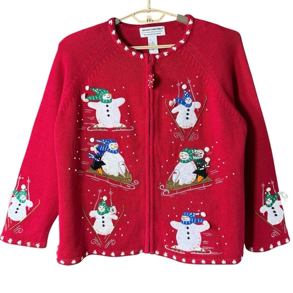 Vintage 90s Heirloom Christmas Snowman Cardigan Skiing Sleigh Riding Fun Size XL - Picture 1 of 11